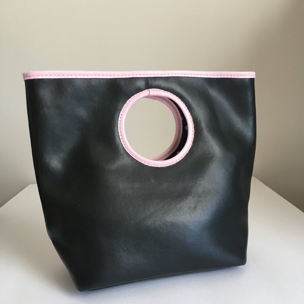 Black Leather Purse Pink Trim Polka Dot Interior